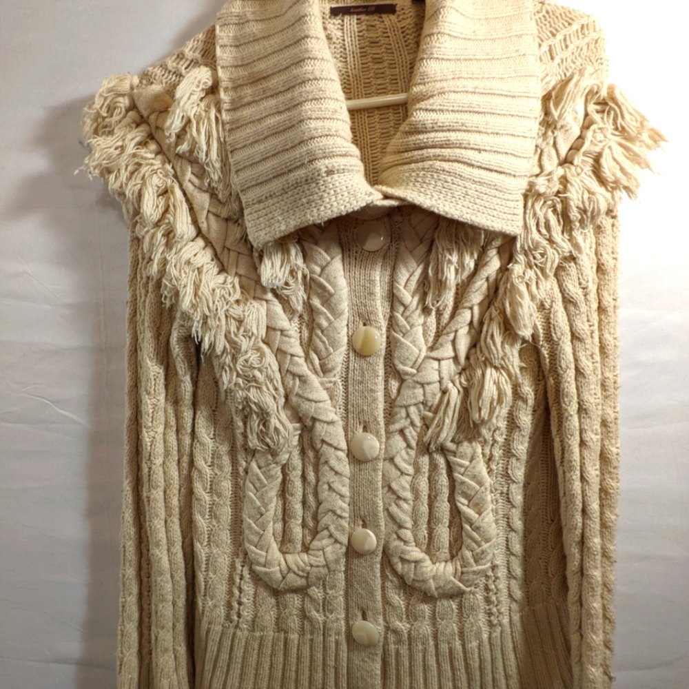Chic button up  Sweater, medium, made by Heather B. With tassel fringe & braids